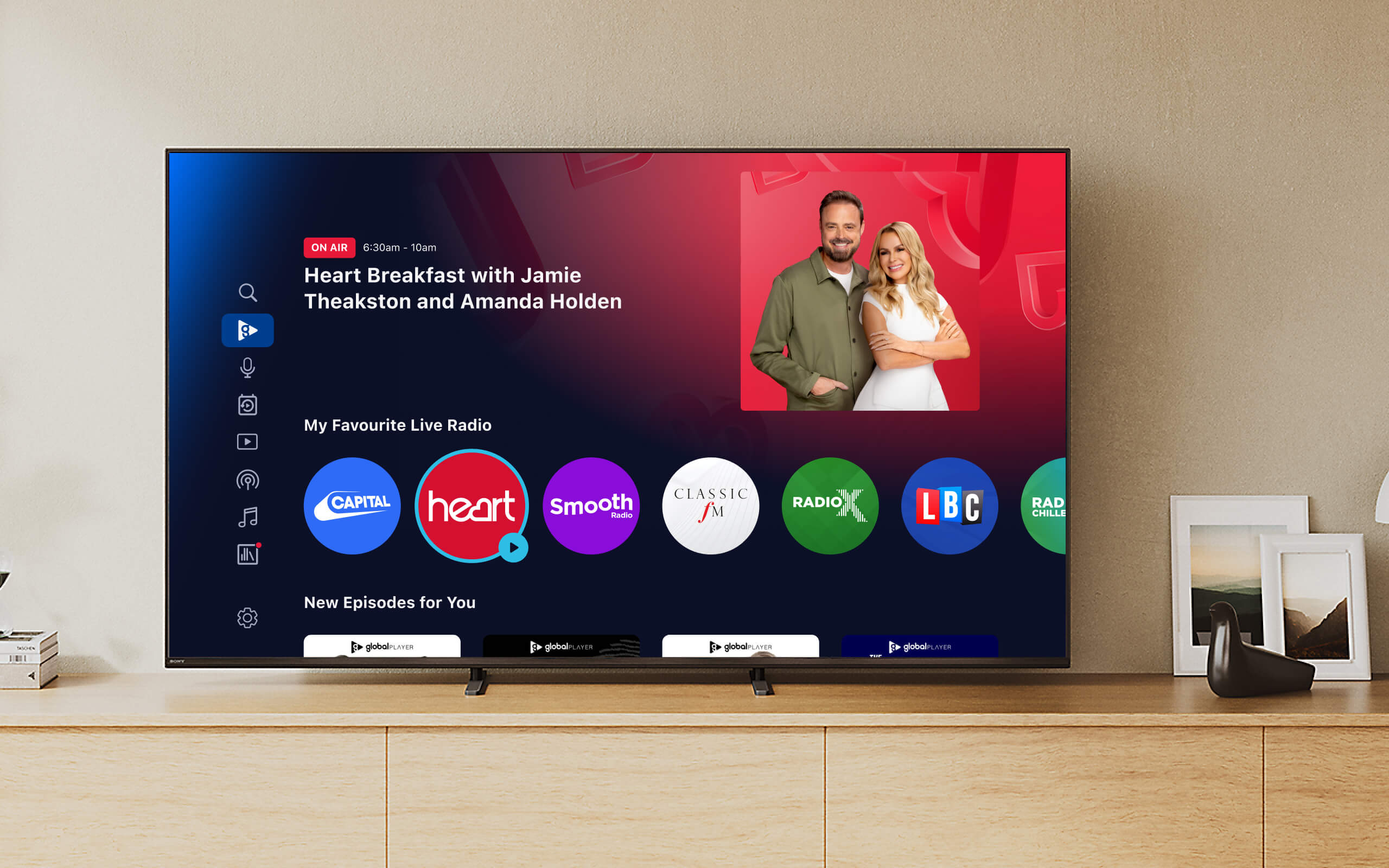 Global Player CTV shown on a television in a living room, displaying live radio stations and new episodes.