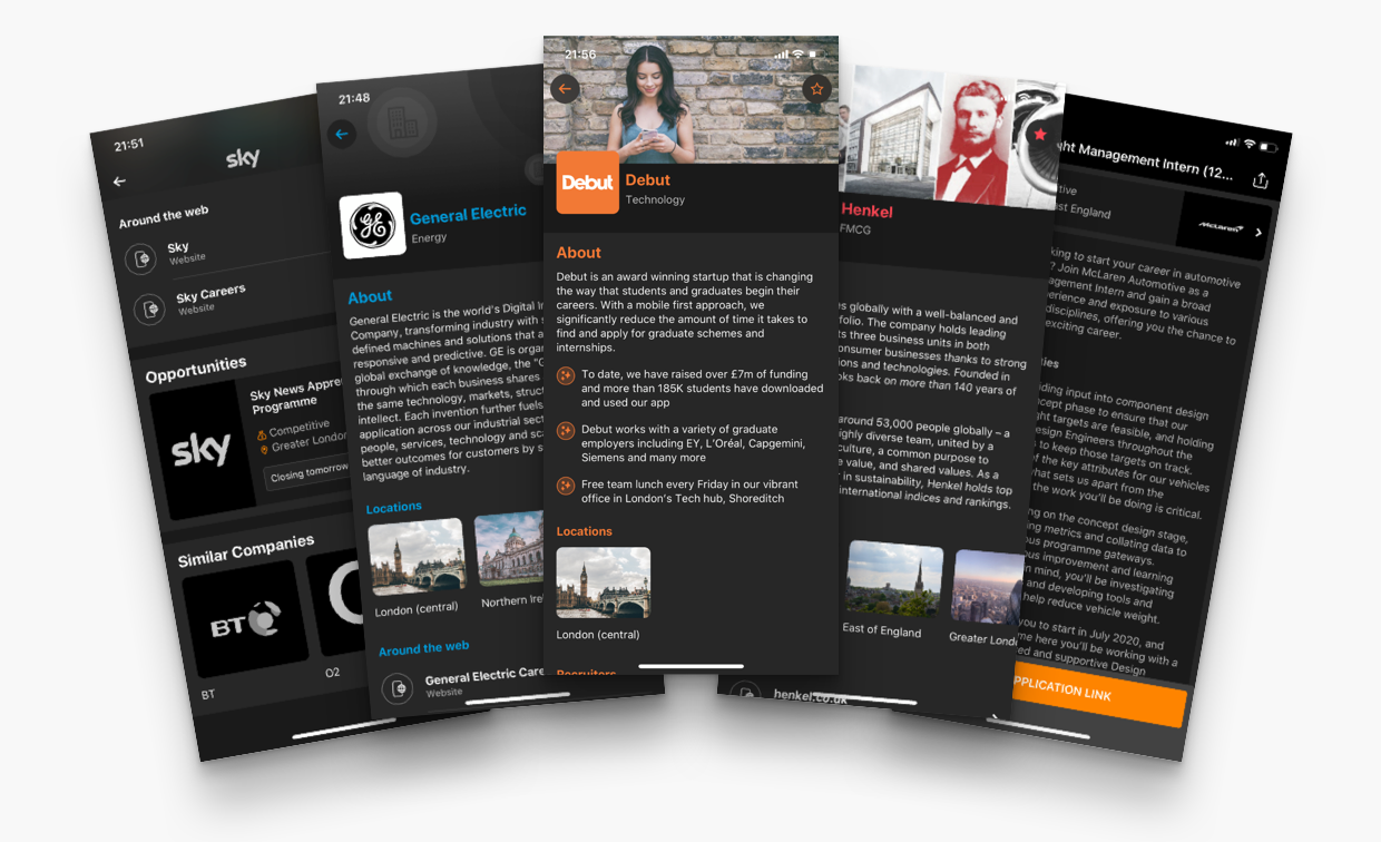 Screenshots of the live Debut employer profile product.