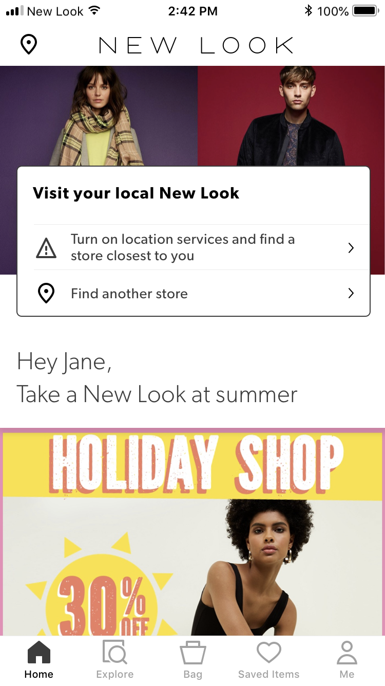 Store finder section exploration at the top of the home view.