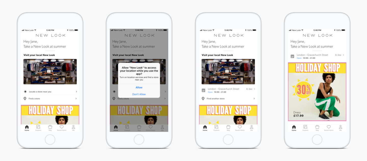 Location permission request and nearest store in the New Look app.