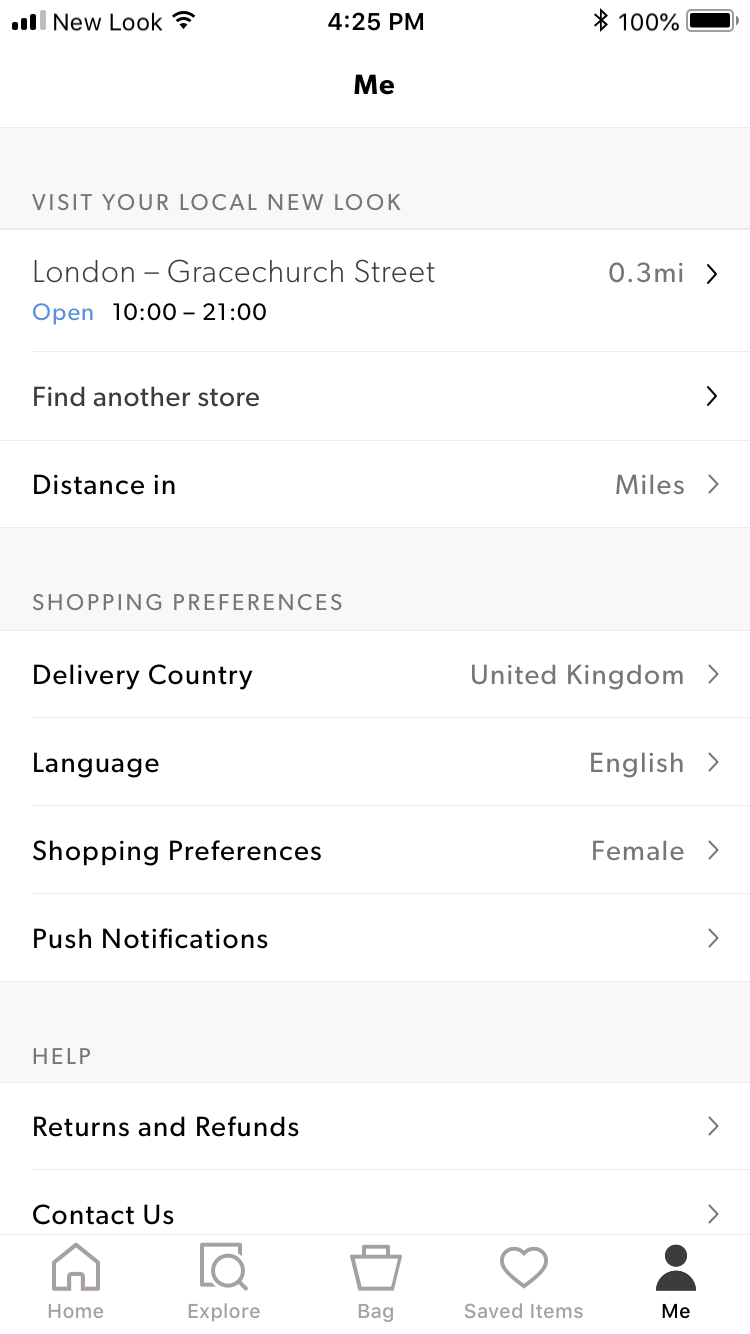 Store finder entry point in the New Look Me view.