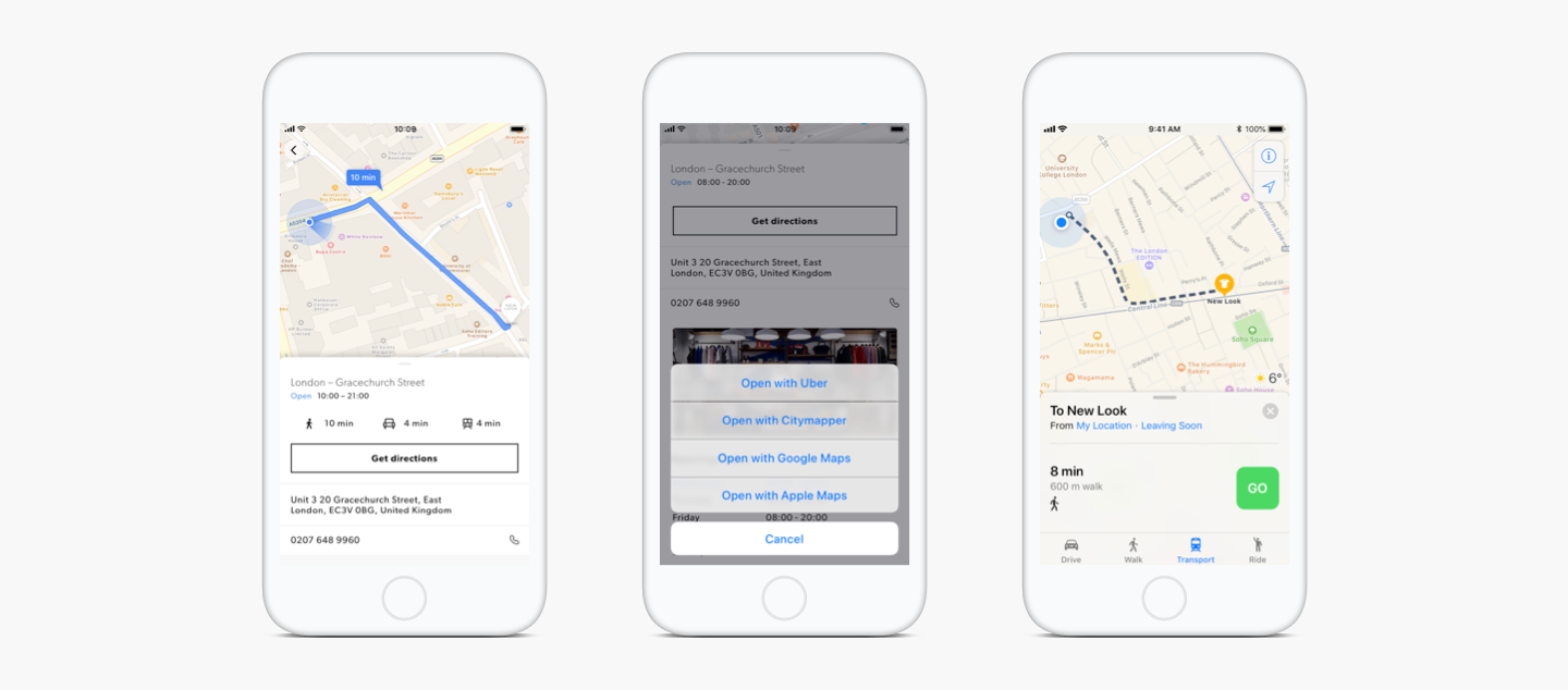 Directions, opening times, and handoff to third-party navigation.