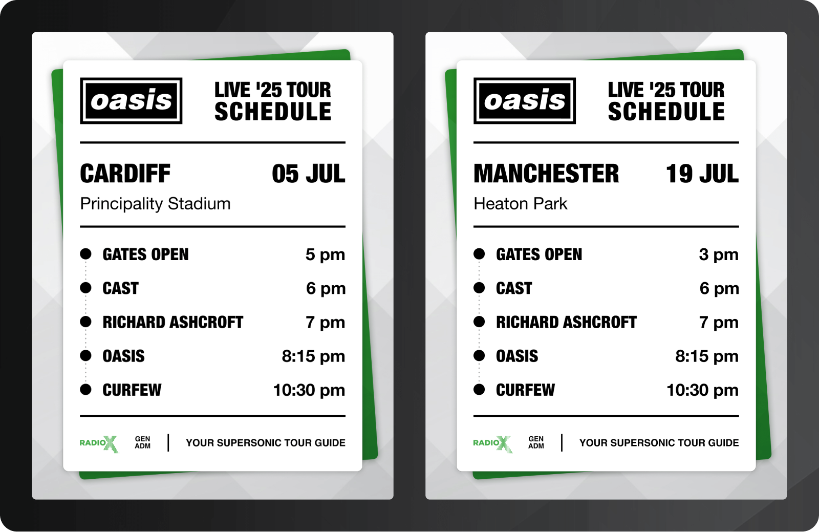 Oasis on-the-day gig schedule campaign asset.