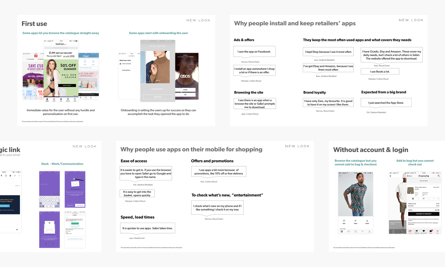 Preliminary research for New Look app login, registration, and saved items.