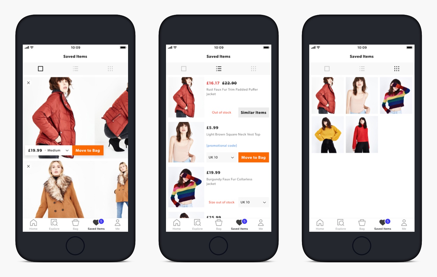 Three saved items concept views for the New Look native app.